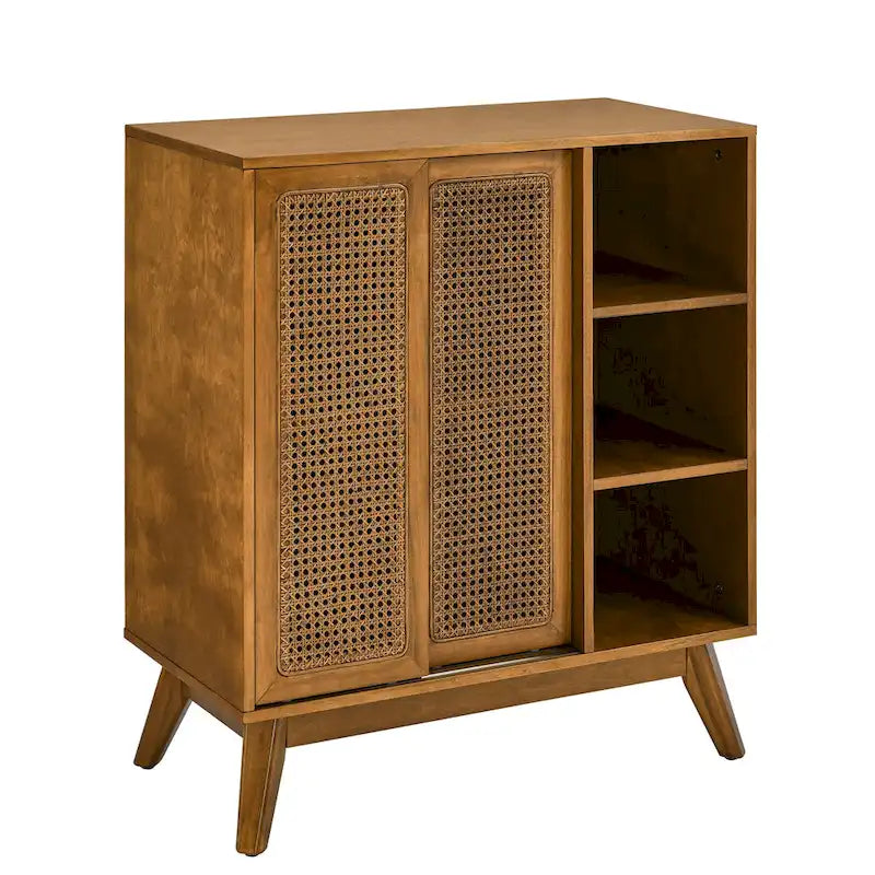 Mid Century Modern Rattan Sideboard Cabinet, Buffet Cabinet Adjustable Shelf & Solid Wood Feet - Light Wood