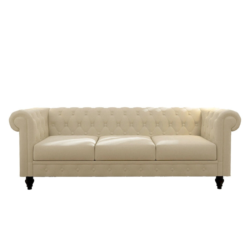Elegant Beige Chesterfield Sofa - 3-Seater Velvet with Tufted Buttons & Wooden Legs