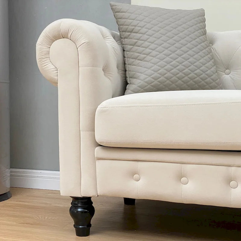 Elegant Beige Chesterfield Sofa - 3-Seater Velvet with Tufted Buttons & Wooden Legs