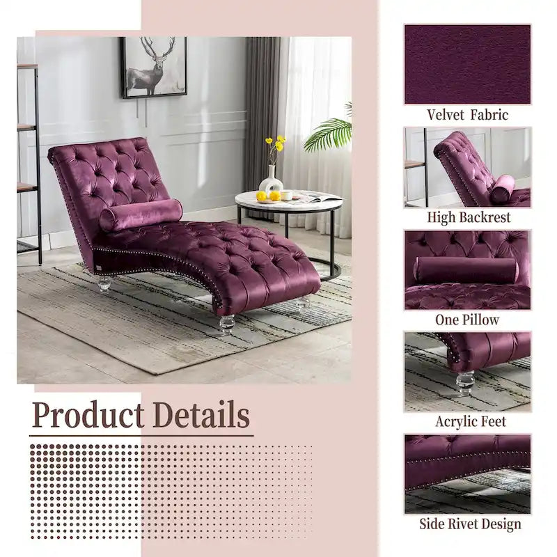 PUrple 63.98 Upholstered Tufted Chaise Lounge Chair with Pillow and Acrylic Legs
