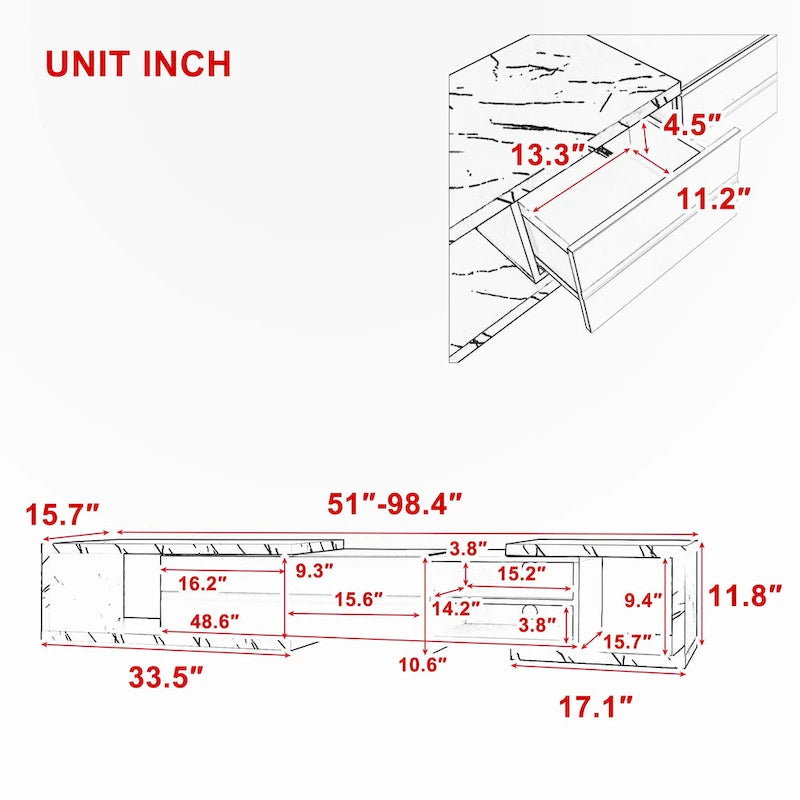 Extendable TV Stand with 2 Drawers and 4 Shelves