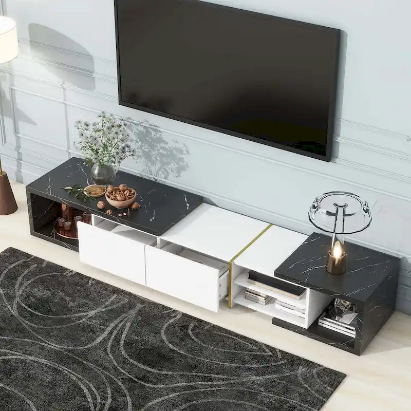 Extendable TV Stand with 2 Drawers and 4 Shelves