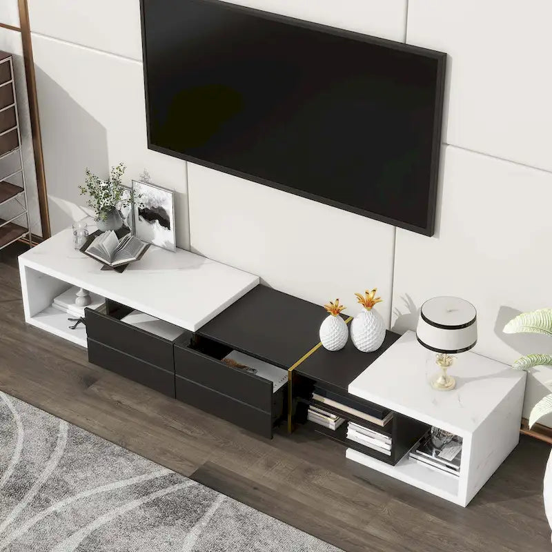 Extendable TV Stand with 2 Drawers and 4 Shelves