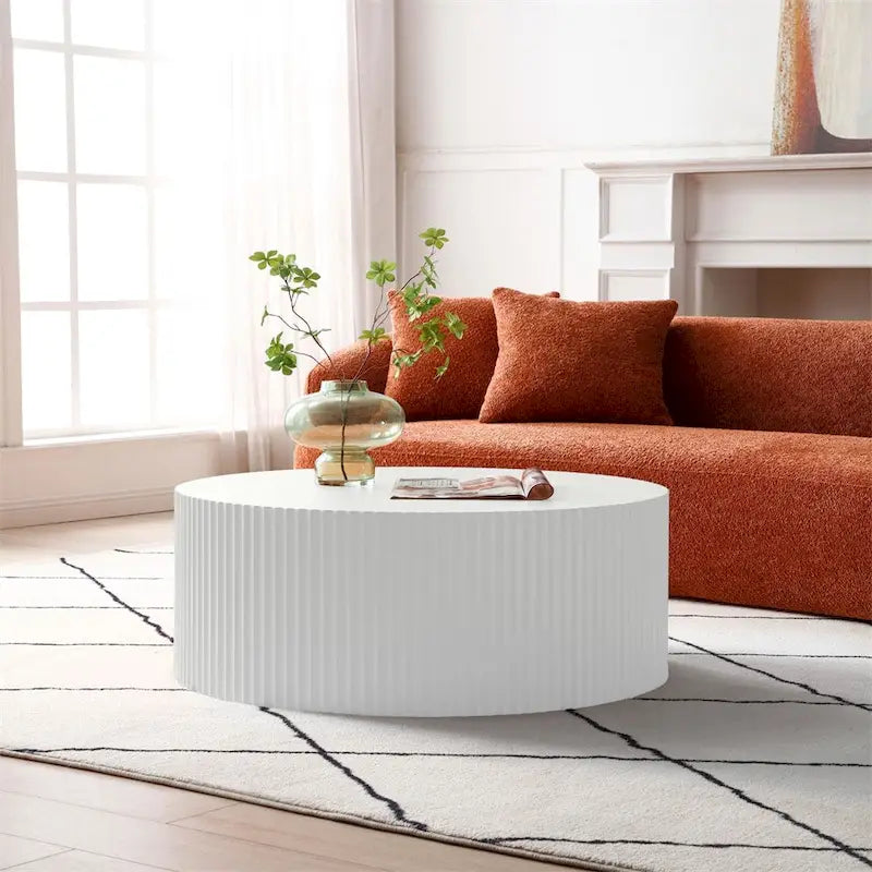 35.43 Wood Round Coffee Table with Handcrafted Relief