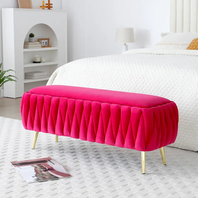 Banc de rangement ovale avec pieds dorés, banc de rangement ottoman rembourré en tissu velours pour chambre en bout de lit, banc en tissu sherpa