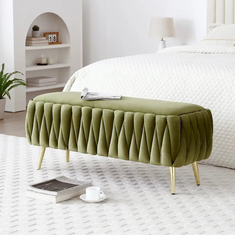 Banc de rangement ovale avec pieds dorés, banc de rangement ottoman rembourré en tissu velours pour chambre en bout de lit, banc en tissu sherpa