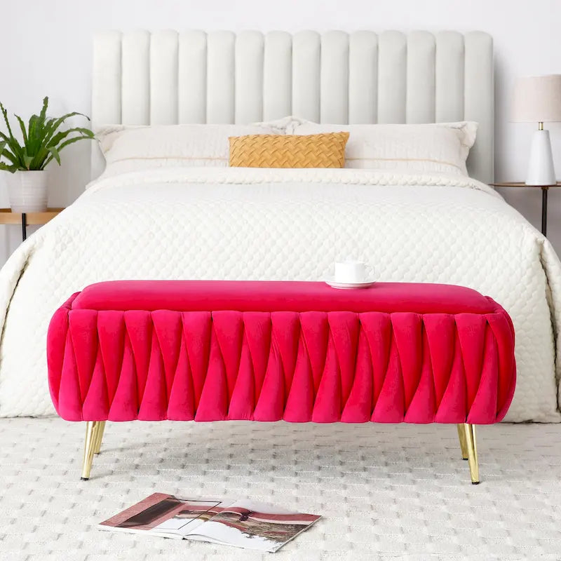 Banc de rangement ovale avec pieds dorés, banc de rangement ottoman rembourré en tissu velours pour chambre en bout de lit, banc en tissu sherpa