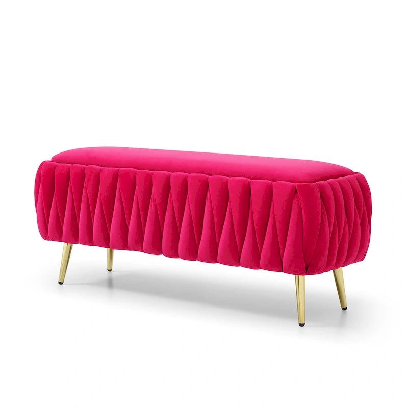 Banc de rangement ovale avec pieds dorés, banc de rangement ottoman rembourré en tissu velours pour chambre en bout de lit, banc en tissu sherpa