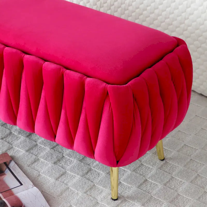 Banc de rangement ovale avec pieds dorés, banc de rangement ottoman rembourré en tissu velours pour chambre en bout de lit, banc en tissu sherpa