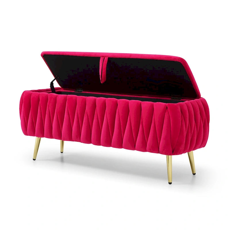 Banc de rangement ovale avec pieds dorés, banc de rangement ottoman rembourré en tissu velours pour chambre en bout de lit, banc en tissu sherpa