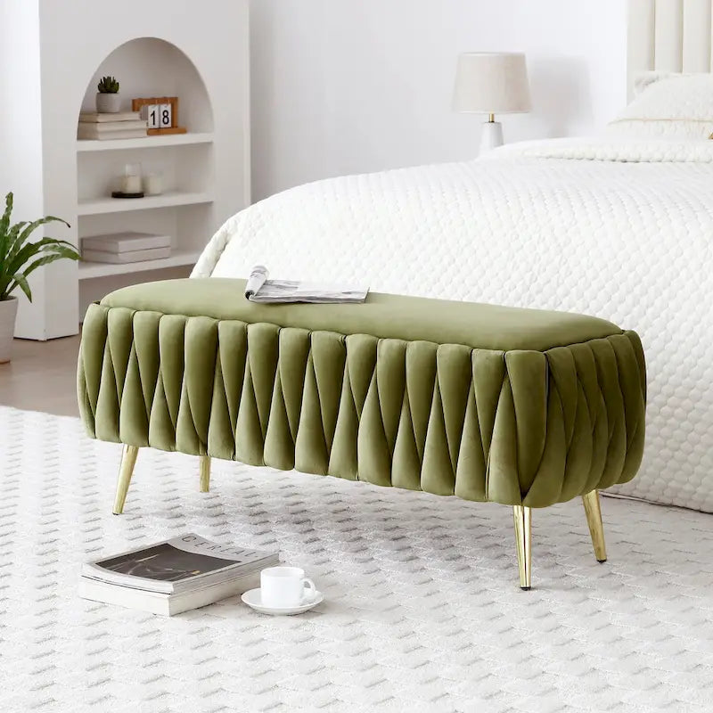 Banc de rangement ovale avec pieds dorés, banc de rangement ottoman rembourré en tissu velours pour chambre en bout de lit, banc en tissu sherpa