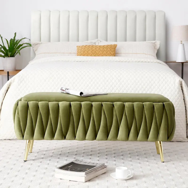 Banc de rangement ovale avec pieds dorés, banc de rangement ottoman rembourré en tissu velours pour chambre en bout de lit, banc en tissu sherpa