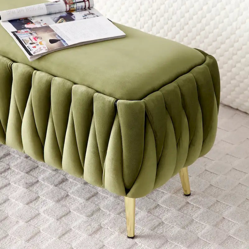 Banc de rangement ovale avec pieds dorés, banc de rangement ottoman rembourré en tissu velours pour chambre en bout de lit, banc en tissu sherpa