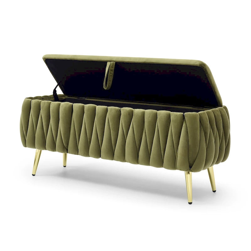 Banc de rangement ovale avec pieds dorés, banc de rangement ottoman rembourré en tissu velours pour chambre en bout de lit, banc en tissu sherpa