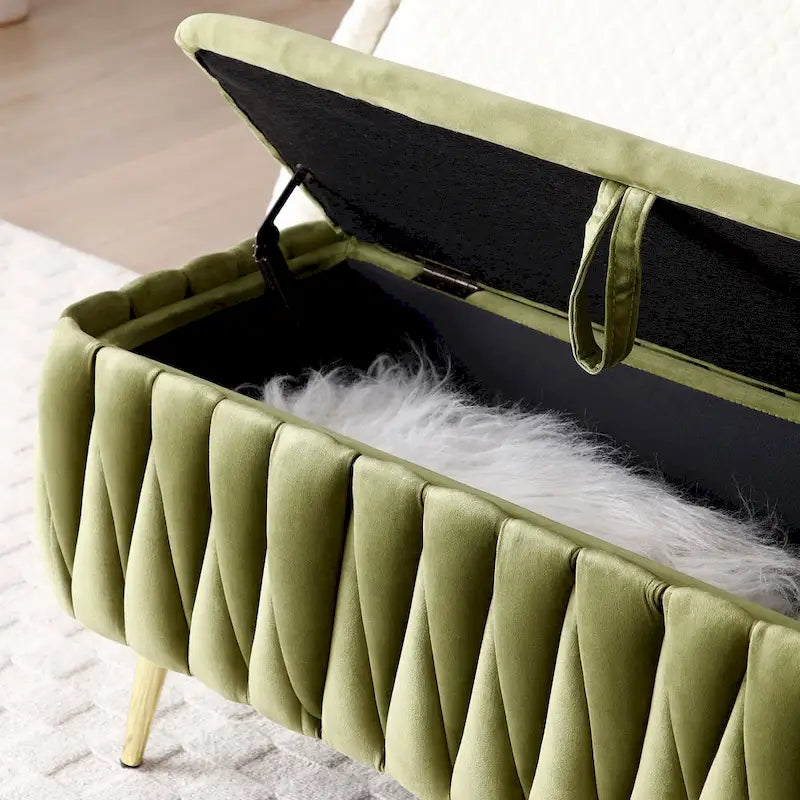 Banc de rangement ovale avec pieds dorés, banc de rangement ottoman rembourré en tissu velours pour chambre en bout de lit, banc en tissu sherpa