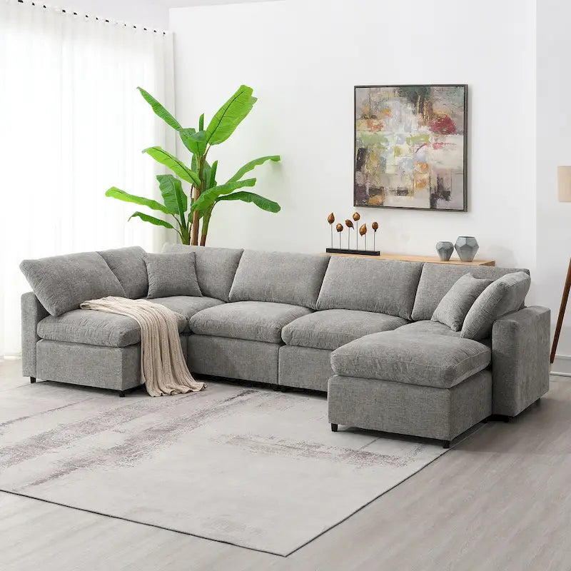 6 Seat Modern Modular Cloud Sofa Bed Chenille Sectional Couch Set with Ottoman