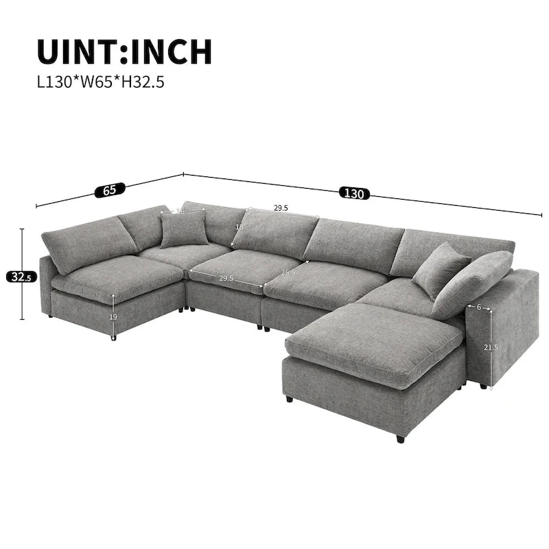 6 Seat Modern Modular Cloud Sofa Bed Chenille Sectional Couch Set with Ottoman