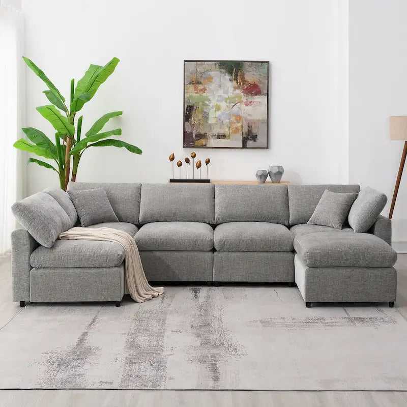 6 Seat Modern Modular Cloud Sofa Bed Chenille Sectional Couch Set with Ottoman
