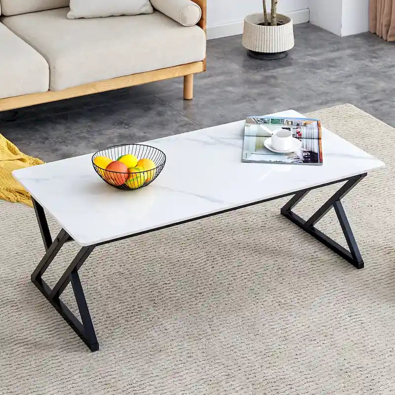 Modern Minimalist Style Marble Patterned Coffee Table With Black Metal Legs, Game Table, Tea Table