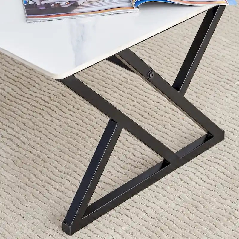 Modern Minimalist Style Marble Patterned Coffee Table With Black Metal Legs, Game Table, Tea Table