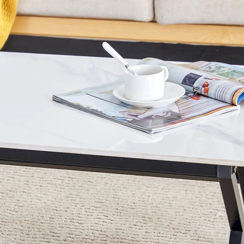 Modern Minimalist Style Marble Patterned Coffee Table With Black Metal Legs, Game Table, Tea Table