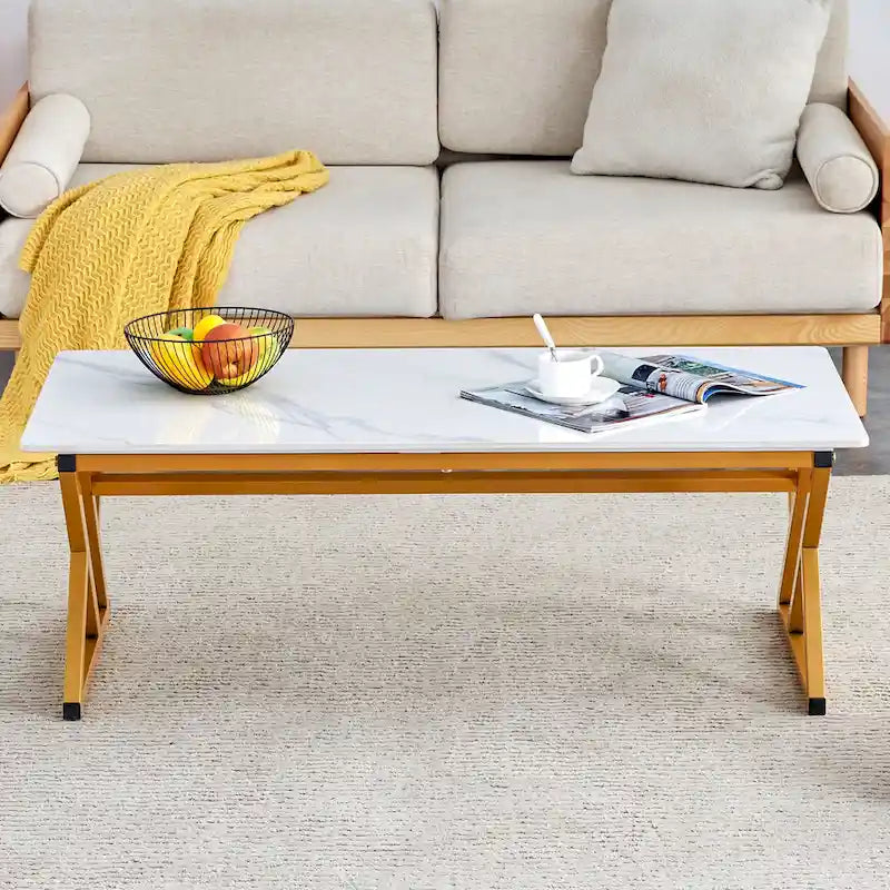 Modern Minimalist Style Marble Patterned Coffee Table With Black Metal Legs, Game Table, Tea Table