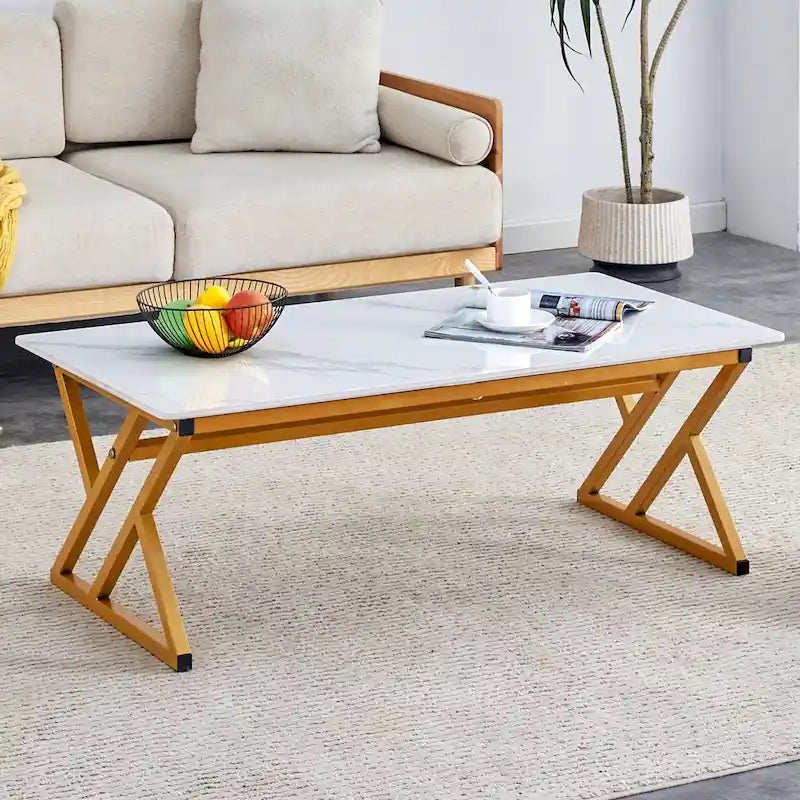Modern Minimalist Style Marble Patterned Coffee Table With Black Metal Legs, Game Table, Tea Table