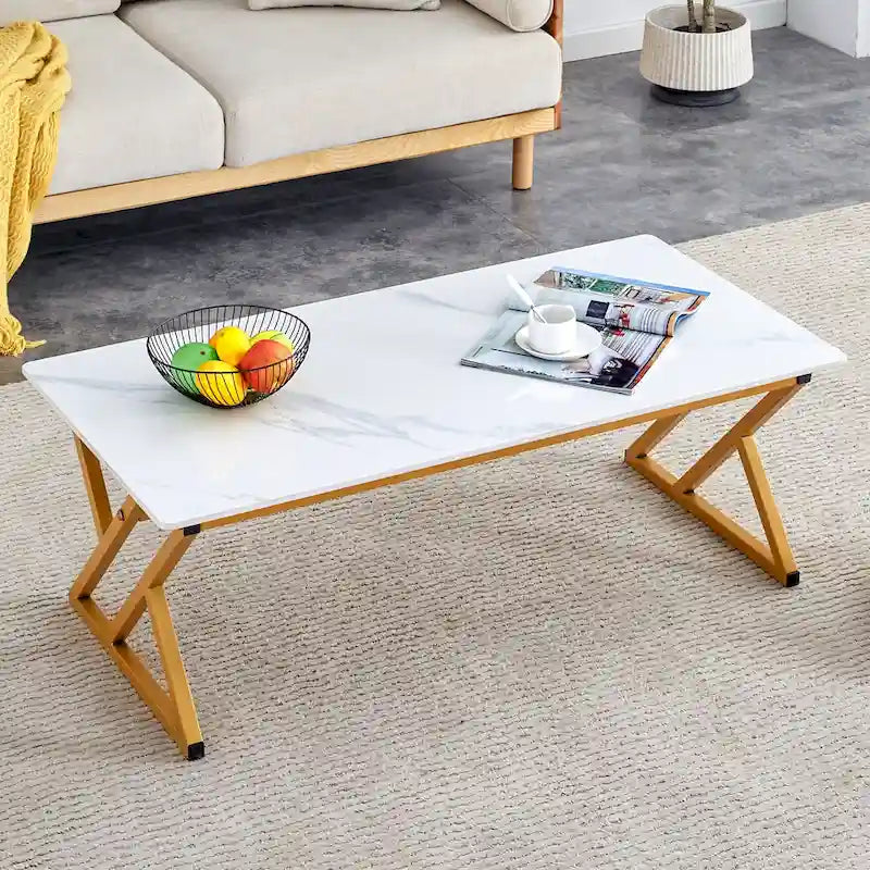 Modern Minimalist Style Marble Patterned Coffee Table With Black Metal Legs, Game Table, Tea Table