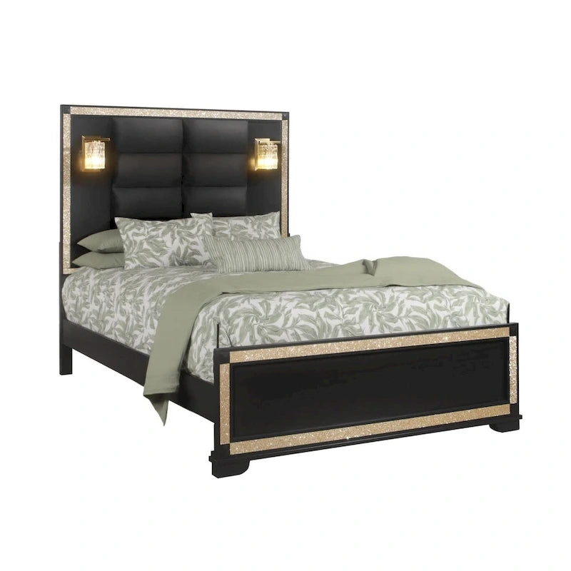 HomeRoots Black Faux Crystal Bling Wood And Upholstery Lighted Queen Bed Frame