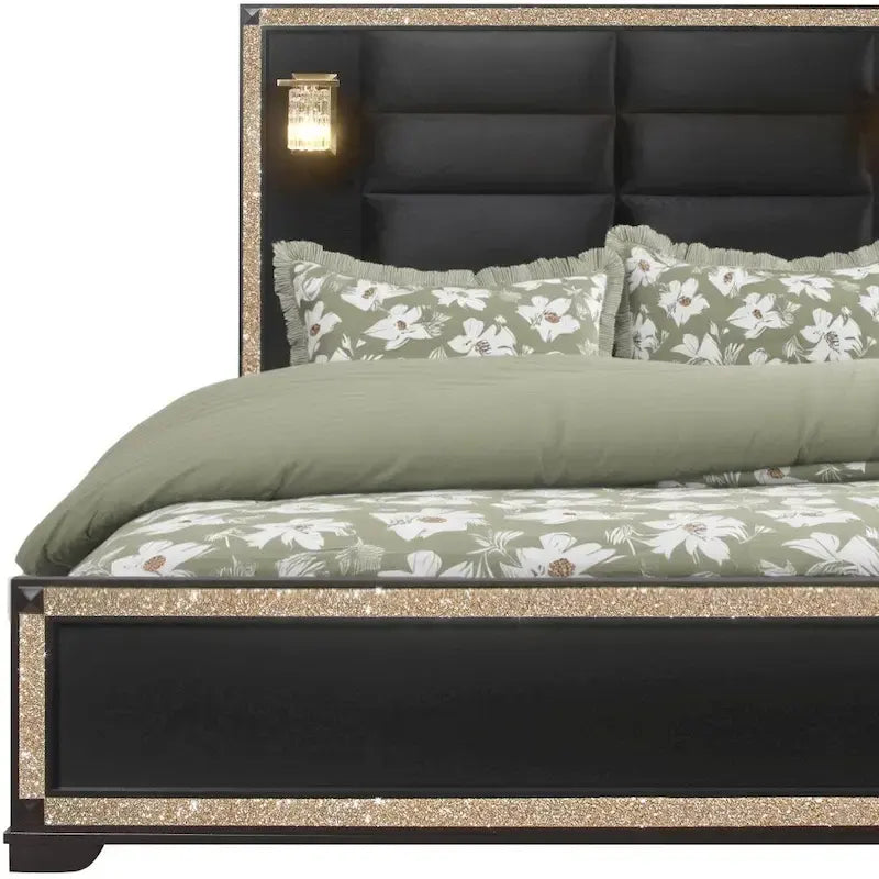 HomeRoots Black Faux Crystal Bling Wood And Upholstery Lighted Queen Bed Frame
