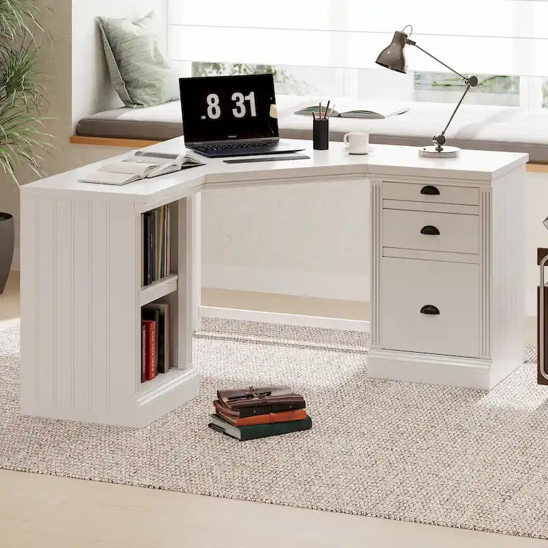 Modern L Shaped Executive Office Desk with 3 Drawers and Open Shelves for Home Office or Study Room Use