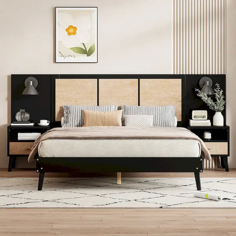 Queen Size Solid Wood Bed Frame with 2 Nightstands, Built-in Lamps, Rattan & Wood Design,Black