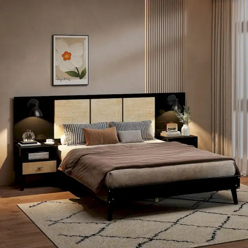 Queen Size Solid Wood Bed Frame with 2 Nightstands, Built-in Lamps, Rattan & Wood Design,Black