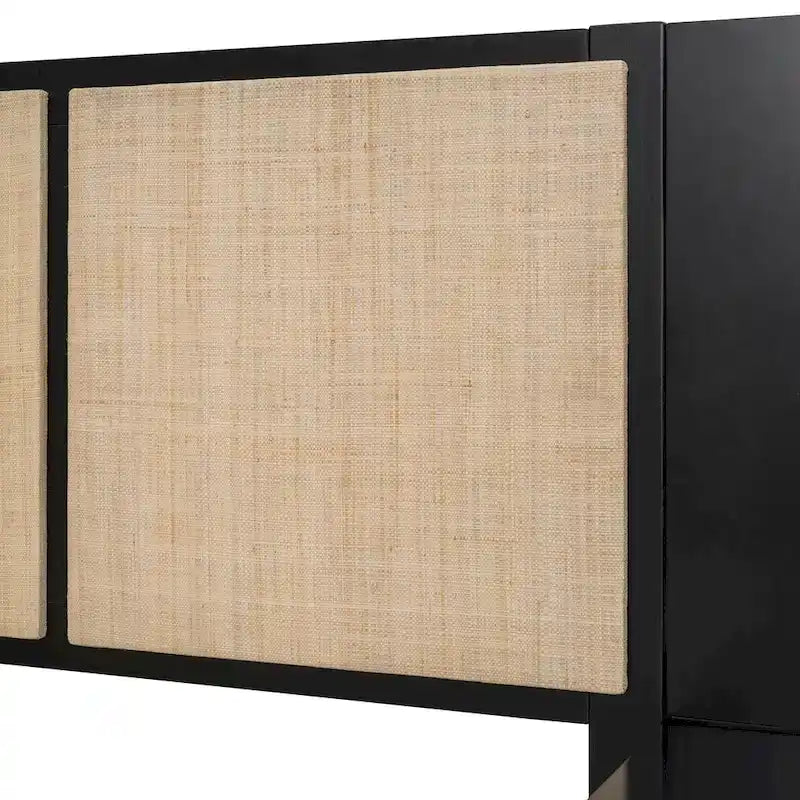 Queen Size Solid Wood Bed Frame with 2 Nightstands, Built-in Lamps, Rattan & Wood Design,Black