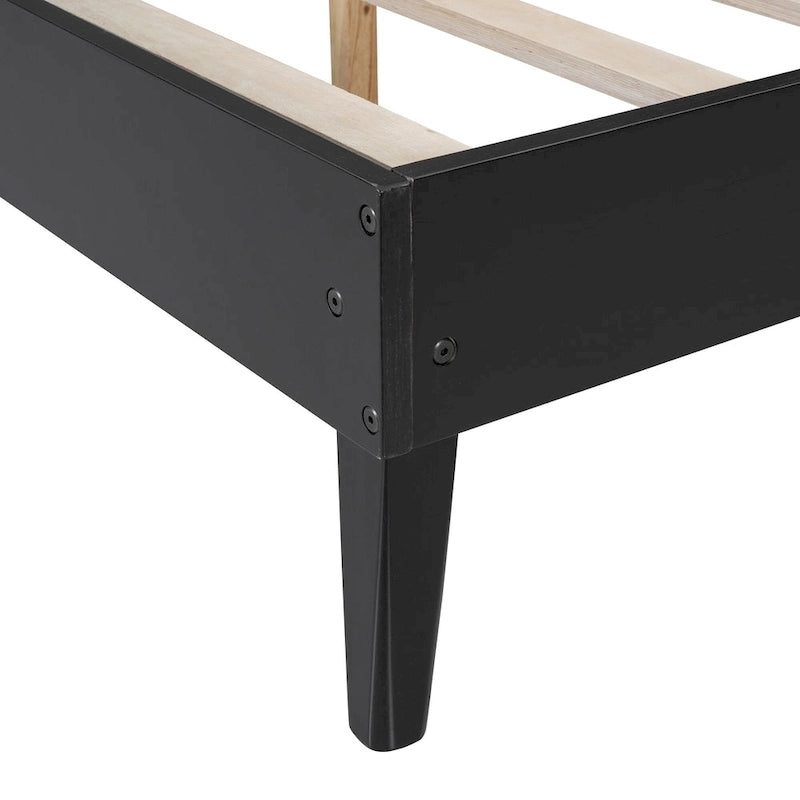 Queen Size Solid Wood Bed Frame with 2 Nightstands, Built-in Lamps, Rattan & Wood Design,Black