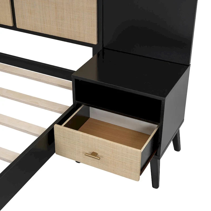 Queen Size Solid Wood Bed Frame with 2 Nightstands, Built-in Lamps, Rattan & Wood Design,Black