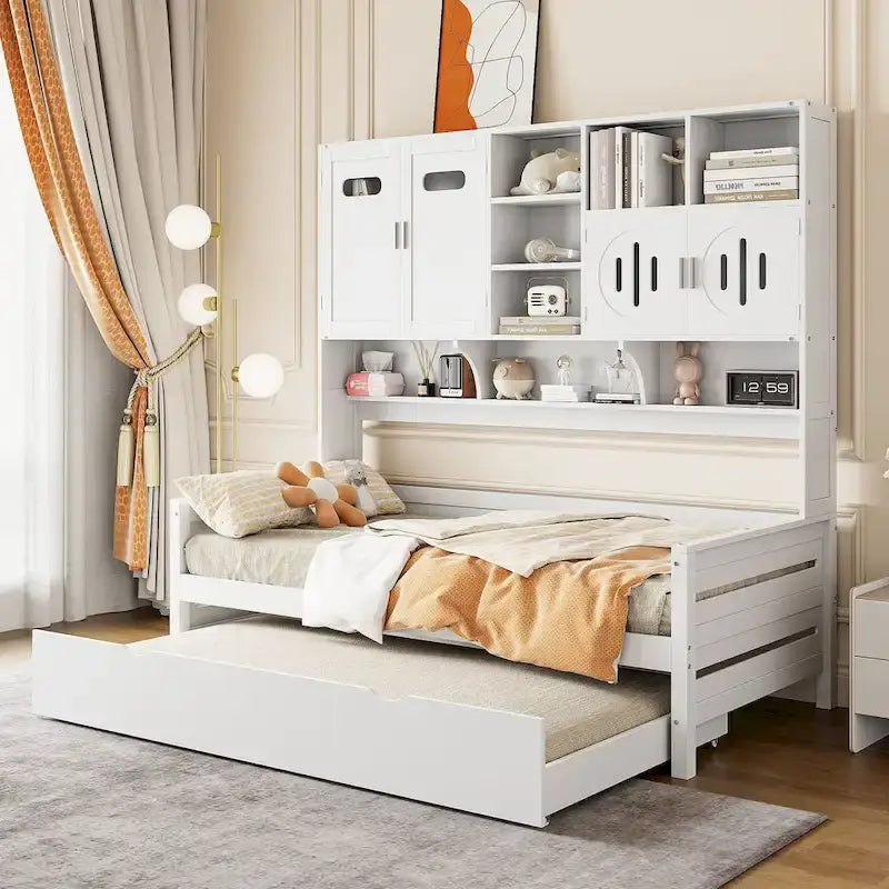 Twin Size Wooden Daybed with Trundle, Storage Cabinet & Shelves, White