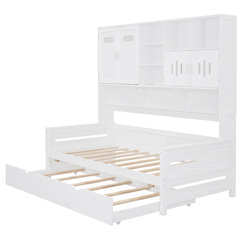 Twin Size Wooden Daybed with Trundle, Storage Cabinet & Shelves, White