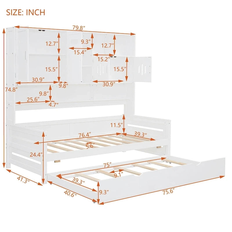Twin Size Wooden Daybed with Trundle, Storage Cabinet & Shelves, White