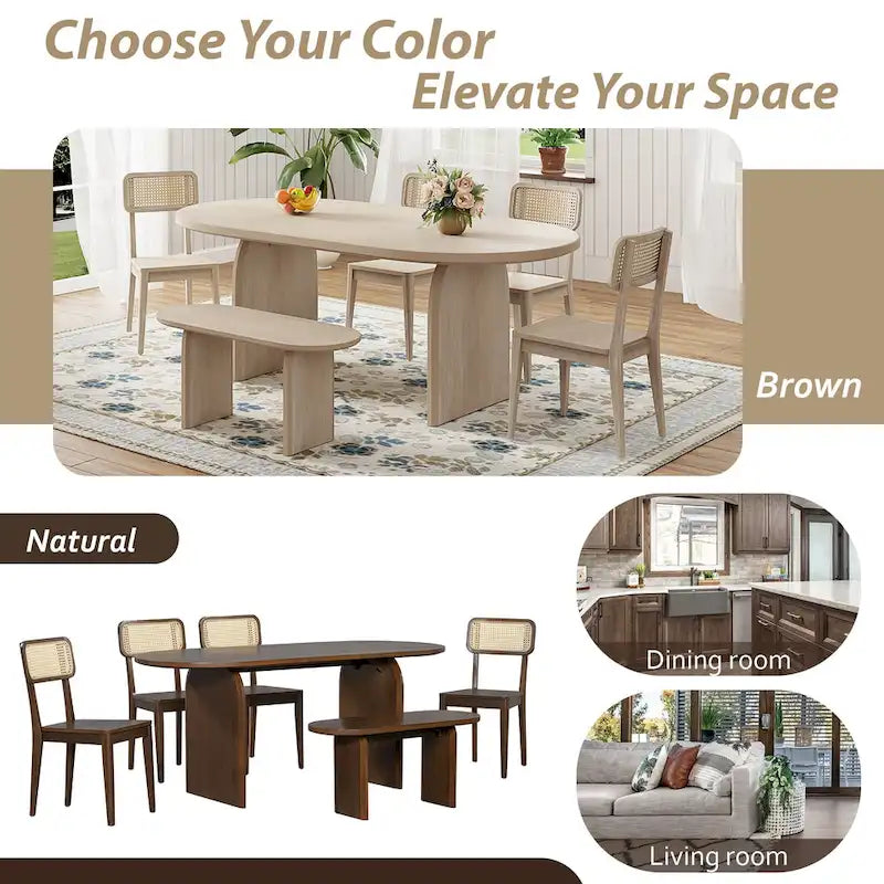 Dining Table Set for 6Oval Kitchen Table and Rattan-Back Chairs