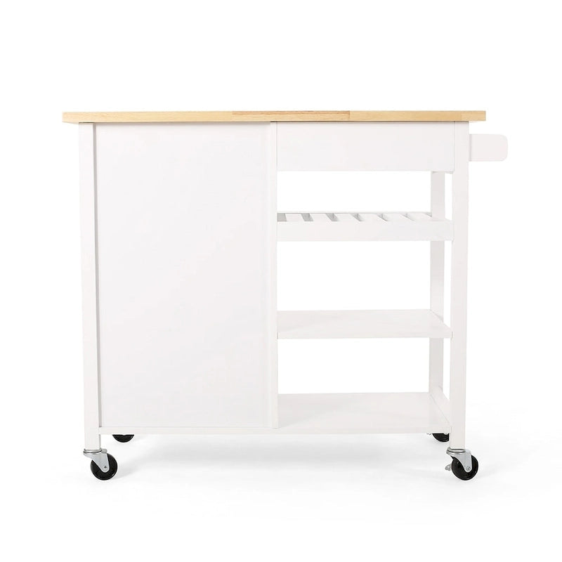 Rolling Kitchen Island Cart, Kitchen Storage Cart With Wooden Top, Modern Home Storage Cart With Door, 3 Shelves, Drawer