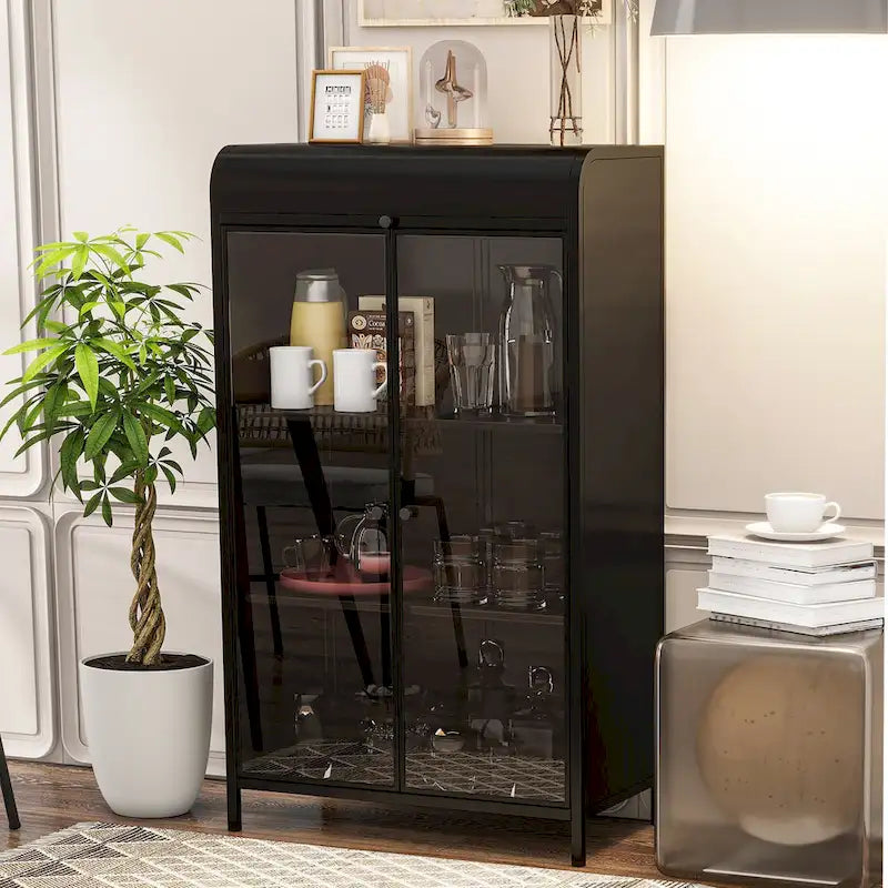 47.6Tall Metal Cabinet with Glass Doors&Flip-Top,4-Tier Display Cabinet with Open Shelves,Freestanding Steel Sideboard Buffet