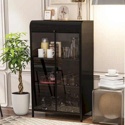 47.6Tall Metal Cabinet with Glass Doors&Flip-Top,4-Tier Display Cabinet with Open Shelves,Freestanding Steel Sideboard Buffet