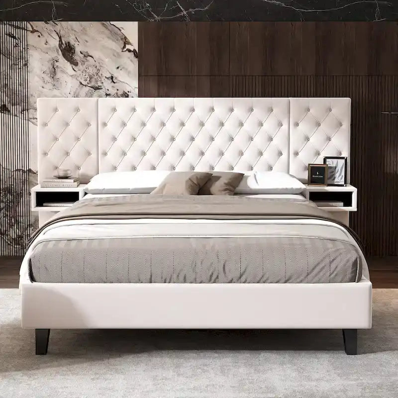 Velvet Upholstered Bed Frame Queen Size Button Tufted Bed