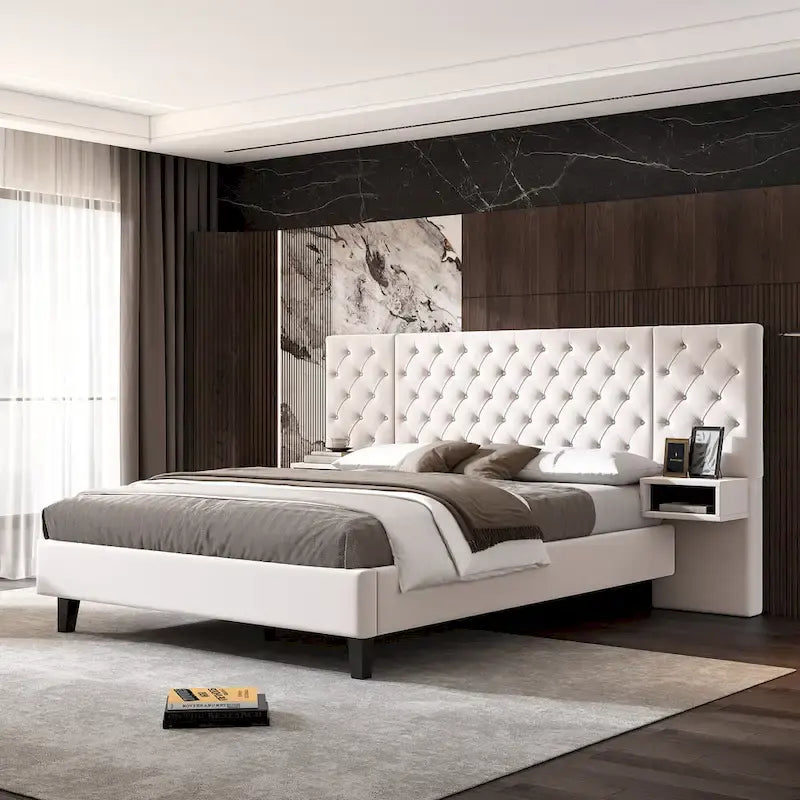 Velvet Upholstered Bed Frame Queen Size Button Tufted Bed
