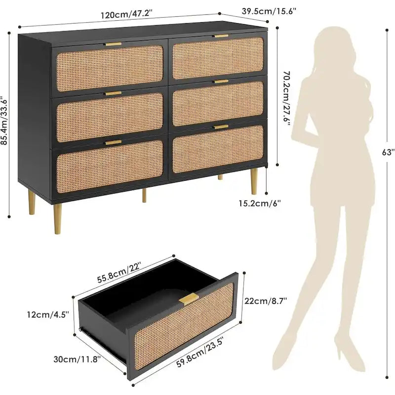 6 Drawer Dresser for Bedroom, Rattan Chest of Drawers