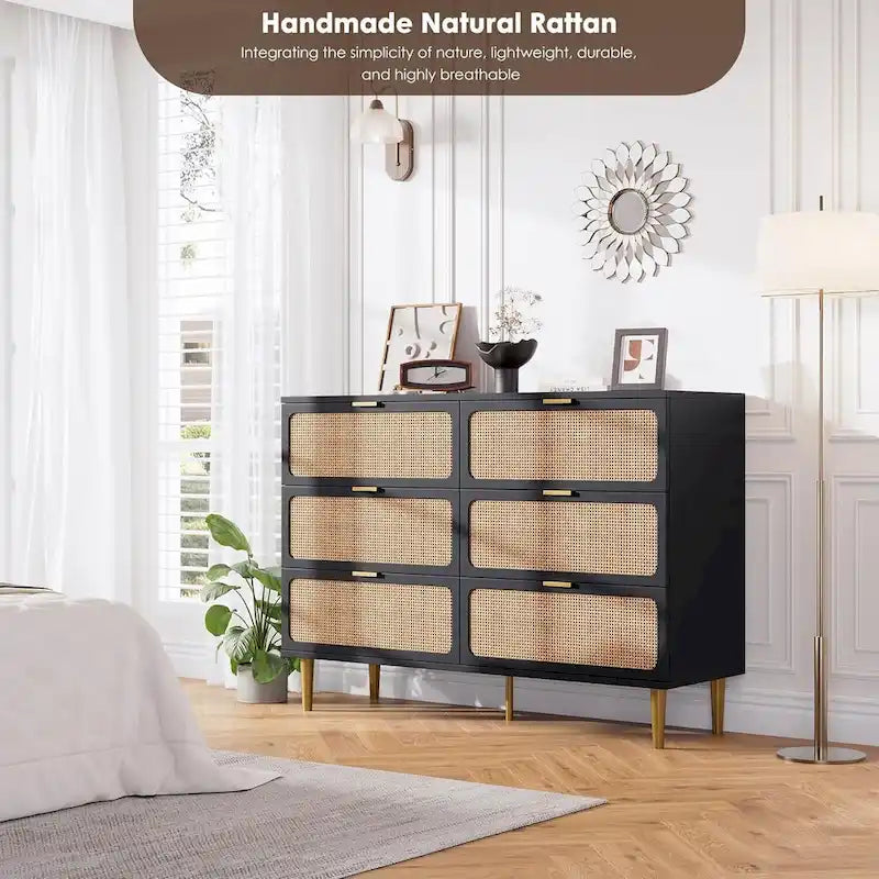 6 Drawer Dresser for Bedroom, Rattan Chest of Drawers