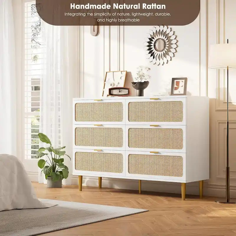 6 Drawer Dresser for Bedroom, Rattan Chest of Drawers