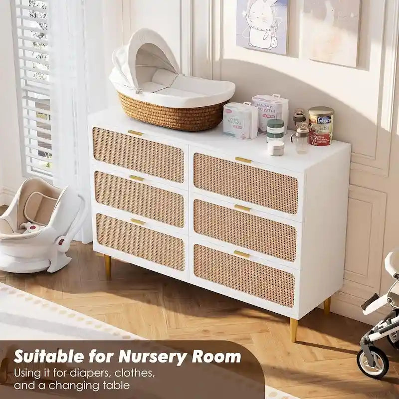 6 Drawer Dresser for Bedroom, Rattan Chest of Drawers