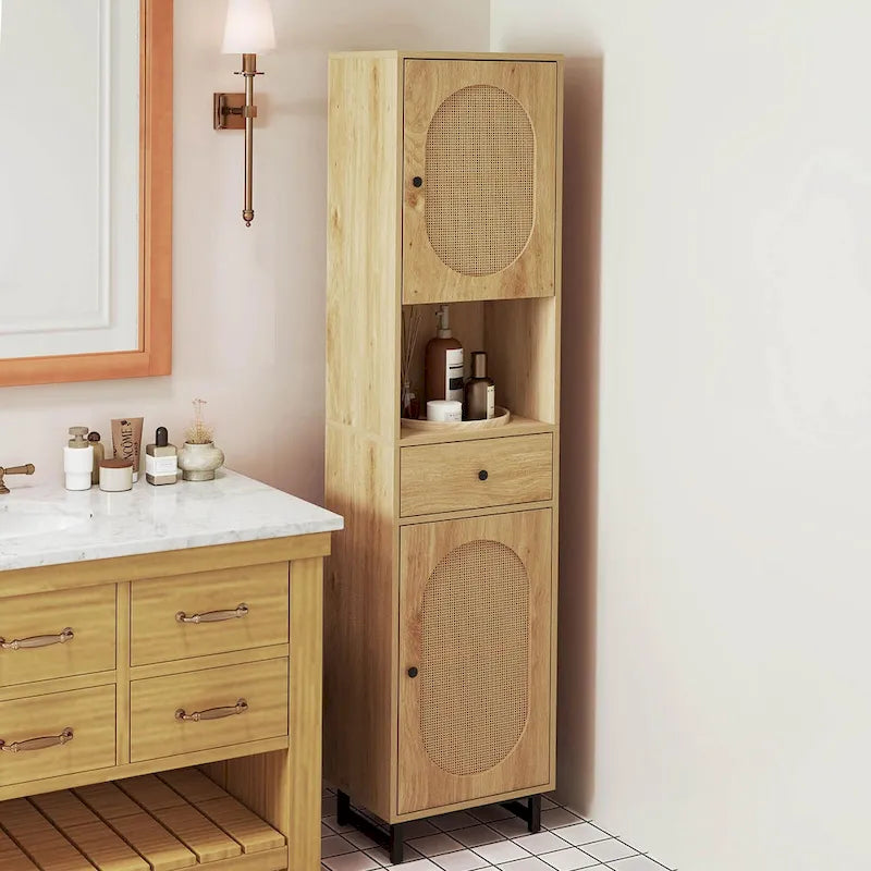 Meuble Colonne de Salle de Bain avec 2 Portes, Casier Ouvert et - Voir Détails